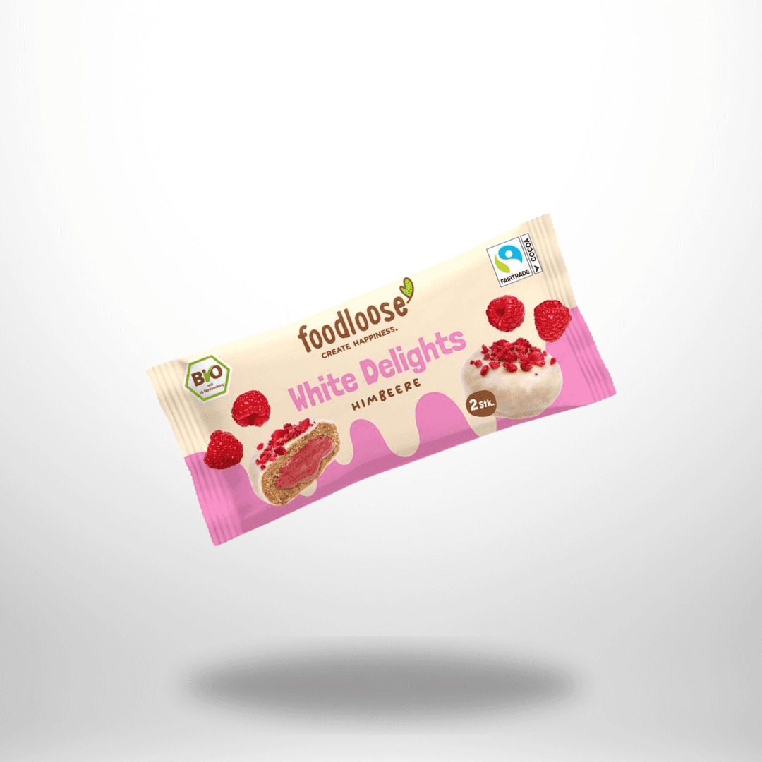 foodloose White Delights Himbeere | Veganer Bio-Snack mit Himbeeren 40g